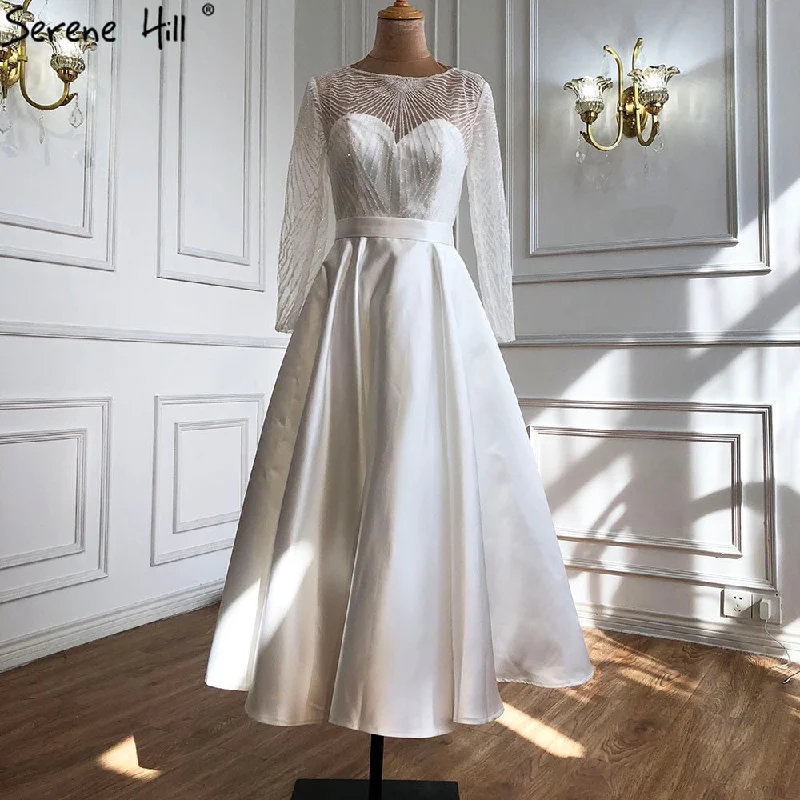 Serene Hill White A-Line Satin Sexy Cocktail Dresses 2024 Long Sleeves Glitter Tea-Length Party Gowns LA70922