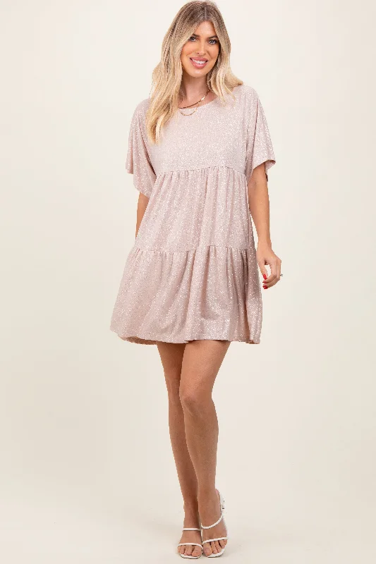 Mini Dresses for Urban Nights -Beige Glitter Flutter Sleeve Tiered Dress