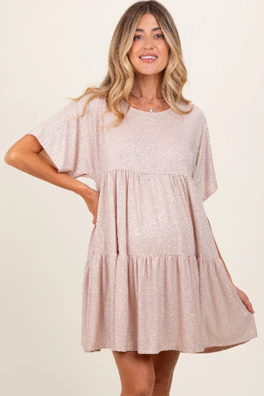 Mini Dresses with Bow Fronts -Beige Glitter Flutter Sleeve Tiered Maternity Dress