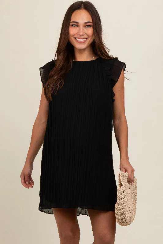 Mini Dresses for Chilly Evenings -Black Flutter Sleeve Pleated Chiffon Maternity Mini Dress