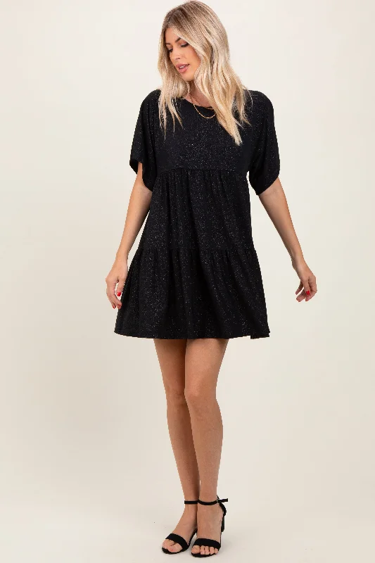 Mini Dresses for Fashion Shows -Black Glitter Flutter Sleeve Tiered Dress