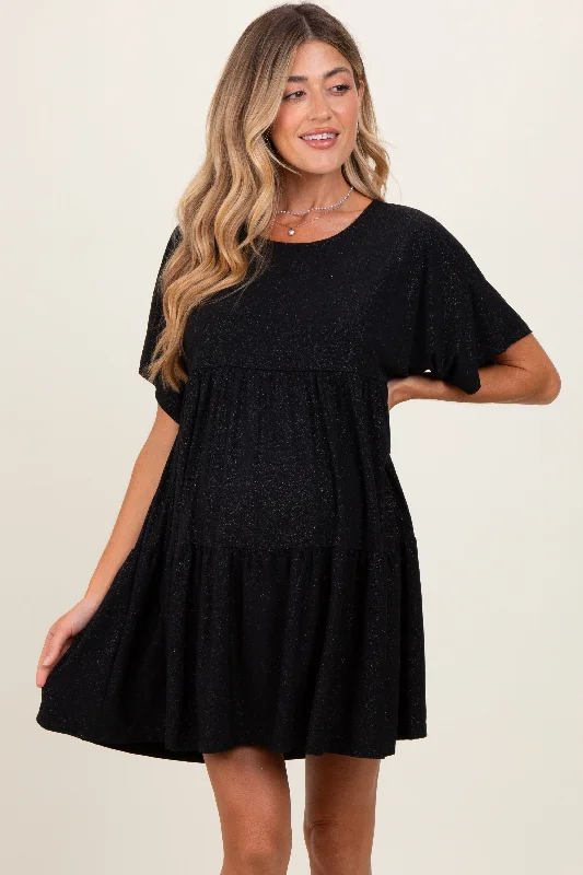 Mini Dresses with Cross Fronts -Black Glitter Flutter Sleeve Tiered Maternity Dress