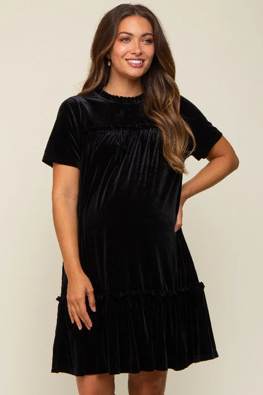 Mini Dresses with Back Keyholes -Black Ruffle Accent Velvet Maternity Dress