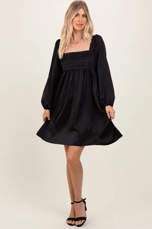 Mini Dresses for Evening Dinners -Black Satin Pleated Detail Bodice Dress