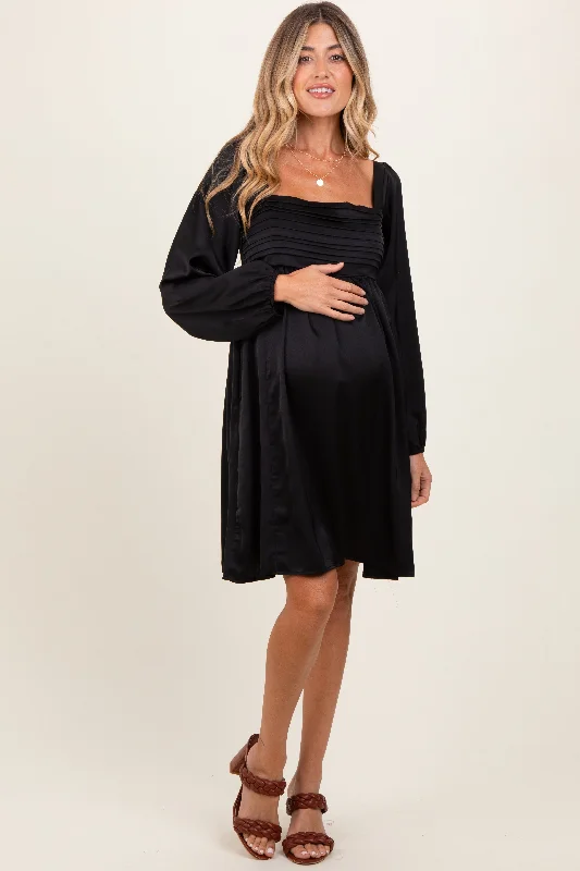 Mini Dresses with Lace Fronts -Black Satin Pleated Detail Bodice Maternity Dress