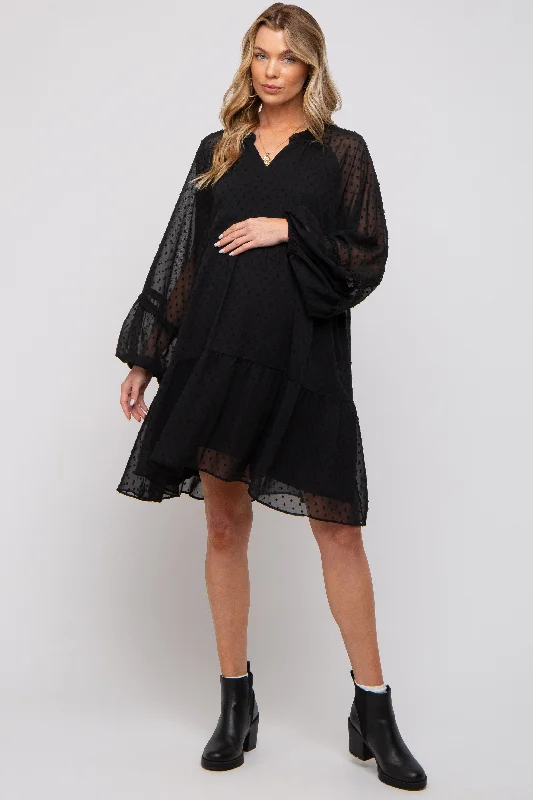 Mini Dresses in Bold Lines -Black Swiss Dot Chiffon Tiered Maternity Dress