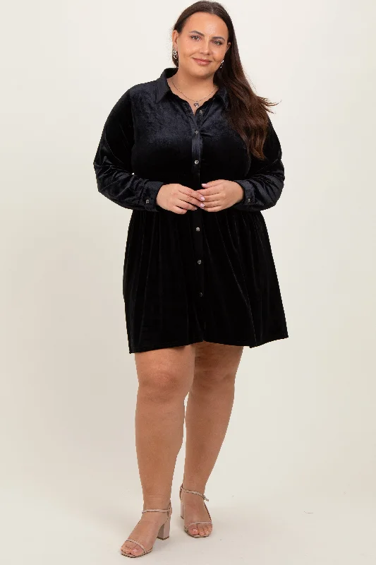 Mini Dresses with Twisted Fronts -Black Velvet Button Down Plus Mini Dress