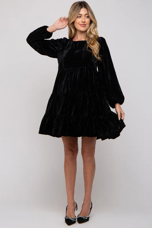 Mini Dresses in Tropical Patterns -Black Velvet Tiered Long Sleeve Maternity Dress