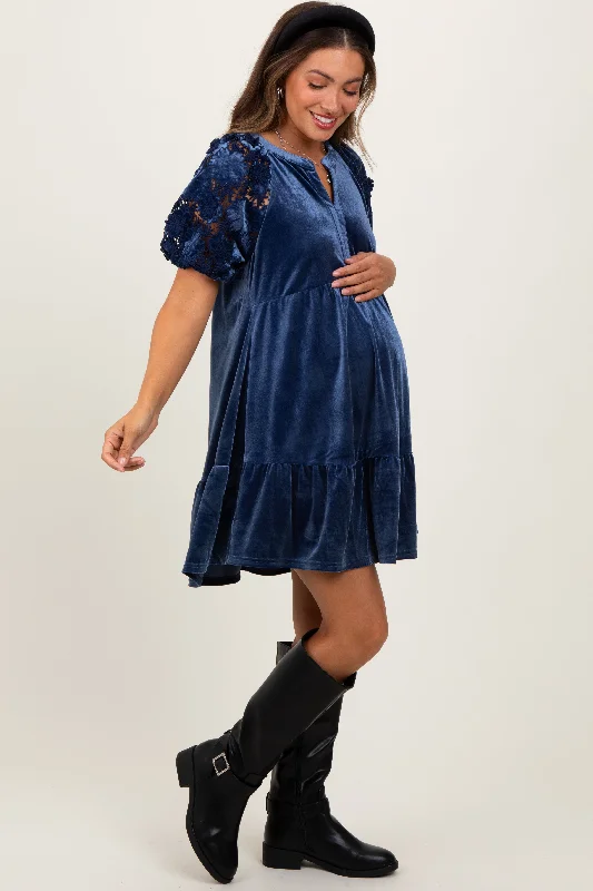 Mini Dresses with Tiered Bottoms -Blue Velvet Floral Lace Short Sleeve Maternity Dress