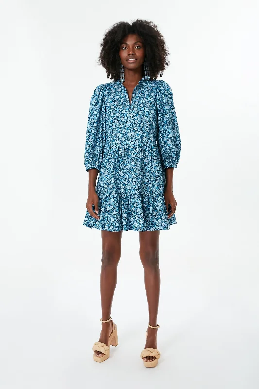 Mini Dresses in Shiny Wool -Blue Zip Front Flora Mini Dress