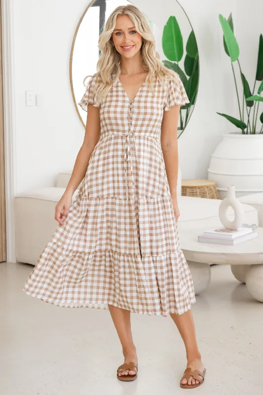 Mini Dresses with Button Accents -Bonnie Midi Dress Gingham Print Latte