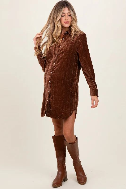 Mini Dresses with Scoop Edges -Brown Crinkled Velvet Button Down Maternity Shirt Dress