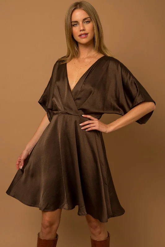 Mini Dresses with Side Pleating -Brown Flowy Sleeve Surplice Back Tie Pleated Dress