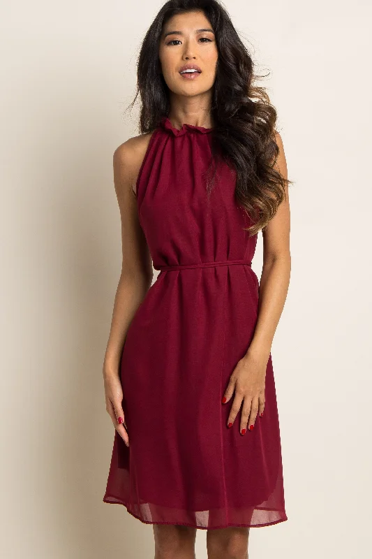 Mini Dresses with High Collar -Burgundy Chiffon High Neck Dress