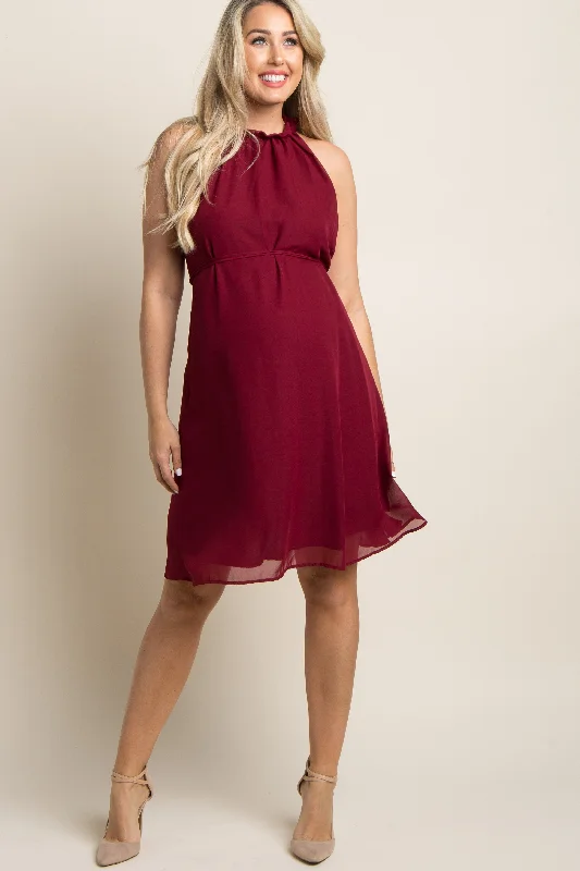 Mini Dresses with Gathered Edges -Burgundy Chiffon High Neck Maternity Dress