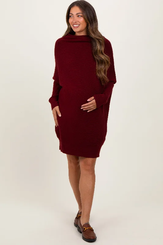 Mini Dresses with Mesh Panels -Burgundy Funnel Neck Dolman Sleeve Maternity Mini Dress