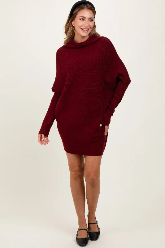 Mini Dresses for Poolside Fun -Burgundy Funnel Neck Dolman Sleeve Mini Dress