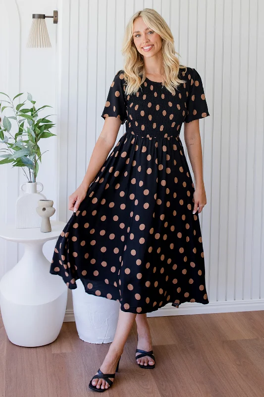 Mini Dresses with Curved Bottom -Candace Midi Dress Black Tan Spot