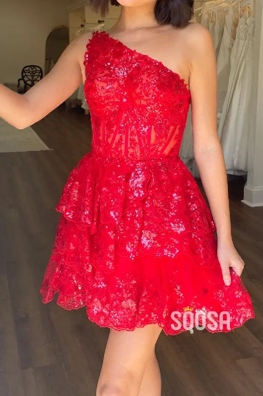 Mini Dresses with Flounced Hem -Satin A-Line One Shoulder Lace Sequined Party/Homecoming Dress QS2549