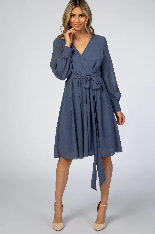 Mini Dresses for Petite Frames -Dusty Blue Chiffon Wrap Dress