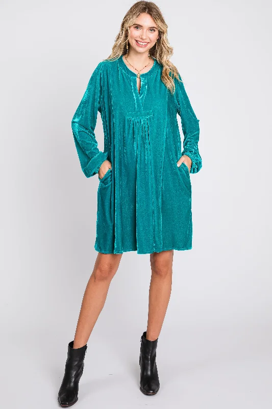 Mini Dresses with Mesh Panels -Emerald V-Neck Velvet Dress