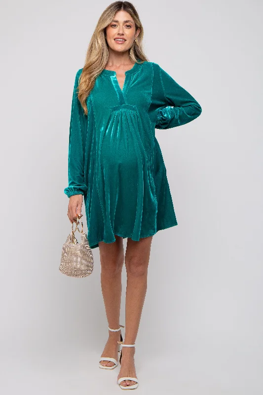 Mini Dresses in Bright Prints -Emerald V-Neck Velvet Maternity Dress