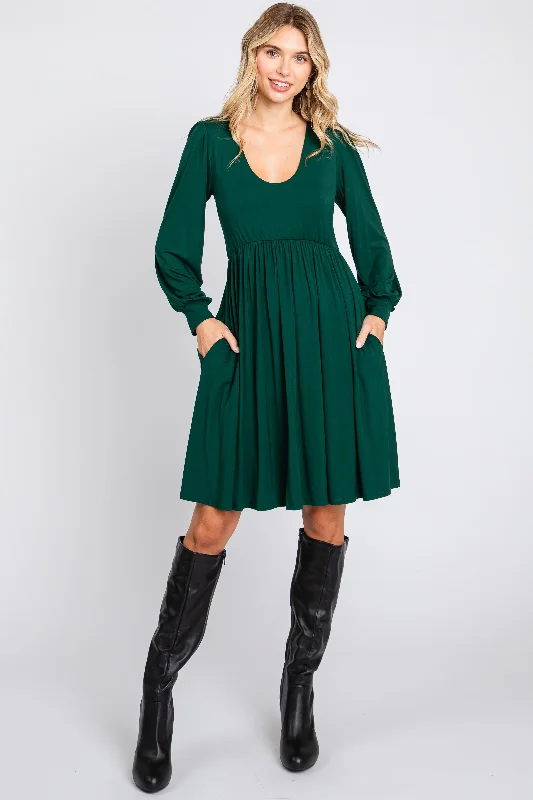 Mini Dresses with Tied Fronts -Forest Green Long Puff Sleeve Dress