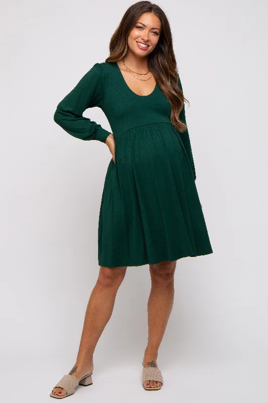 Mini Dresses for Gallery Events -Forest Green Long Puff Sleeve Maternity Dress