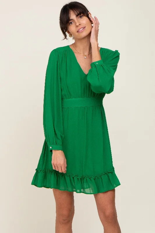 Mini Dresses for Short Fun -Green Chiffon Ruffle Accent Mini Dress