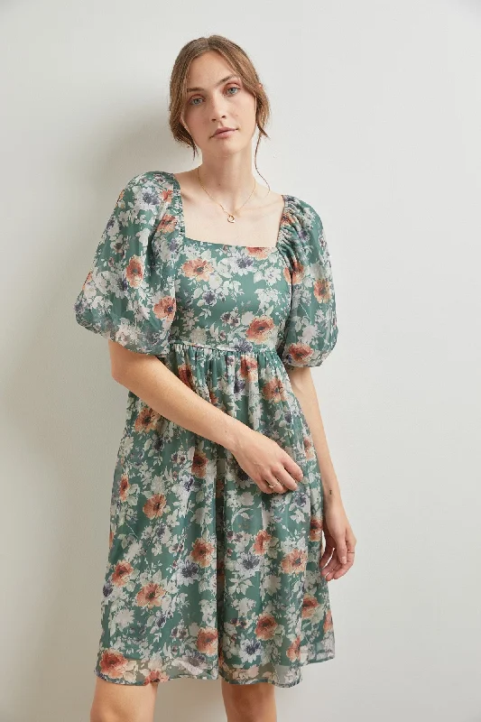 Mini Dresses with Ruffled Necks -Green Floral Puff Sleeve Dress