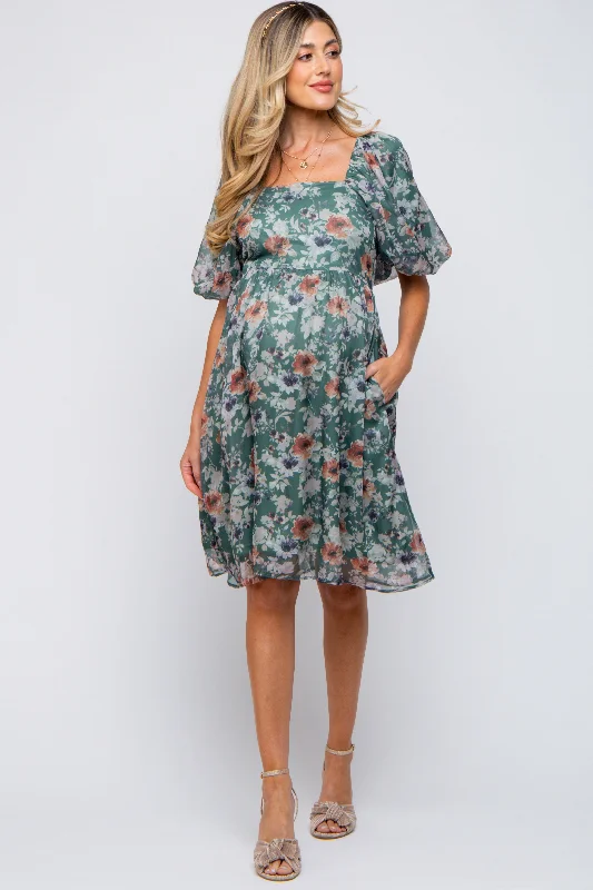 Mini Dresses in Light Material -Green Floral Puff Sleeve Maternity Dress