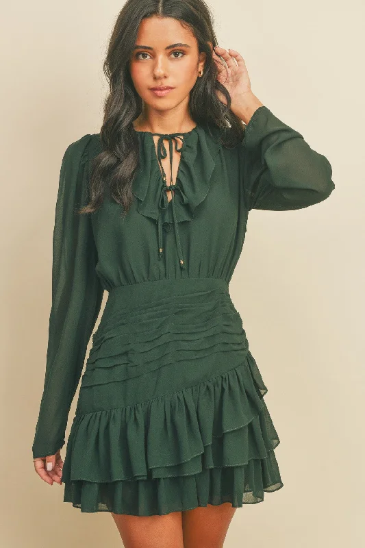 Mini Dresses in Wild Shades -Green Ruffle Ruched Mini Dress