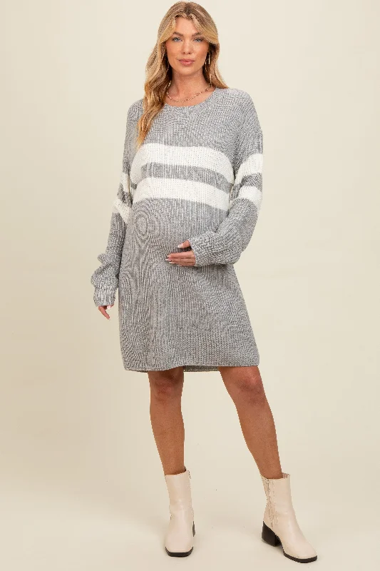 Mini Dresses with Flared Backs -Heather Grey Relaxed Fit Striped Mini Maternity Sweater Dress