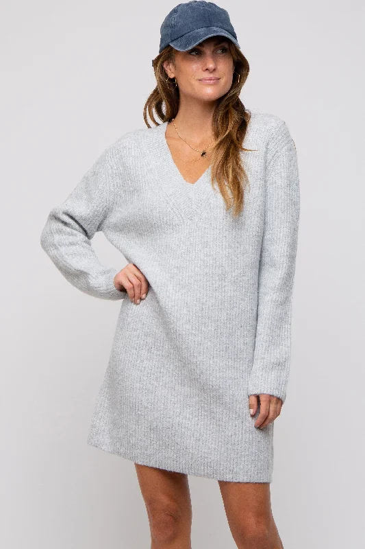 Mini Dresses in Soft Wool -Heather Grey V-Neck Oversized Sweater Dress