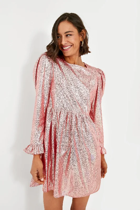 Mini Dresses in Metallic Shine -Holographic Ballerina Pink Square Neck Mini Prairie Dress