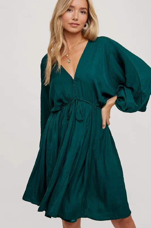 Mini Dresses with Lace-Up Details -Hunter Green Satin Open-Back Dolman Sleeved Dress