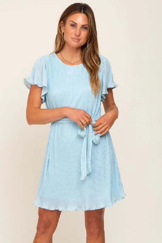 Mini Dresses for Game Fun -Light Blue Pleated Front Tie Dress