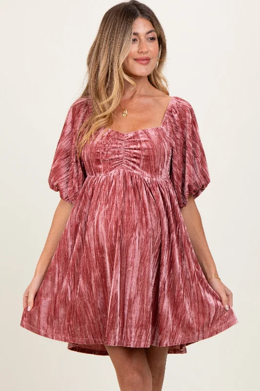 Mini Dresses with Side Ruffles -Mauve Crushed Velvet Puff Sleeve Maternity Mini Dress