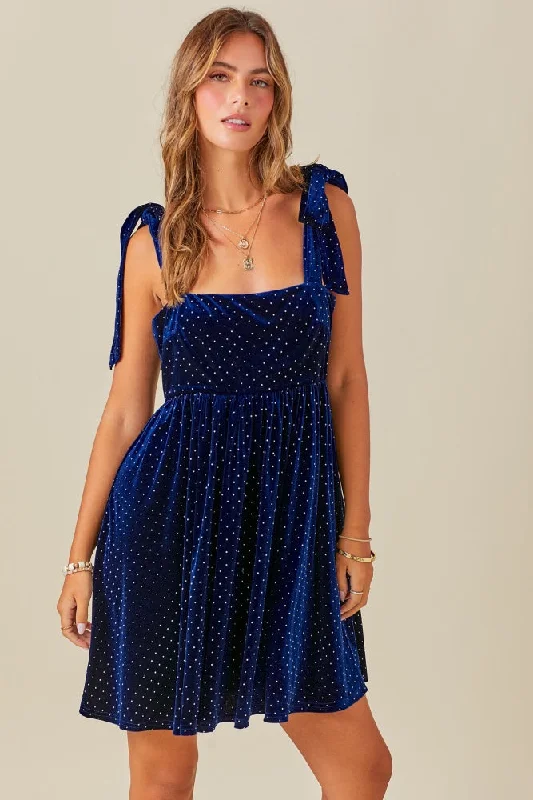 Mini Dresses with Side Ruffles -Navy Velour Sparkle Rhinestone Dress