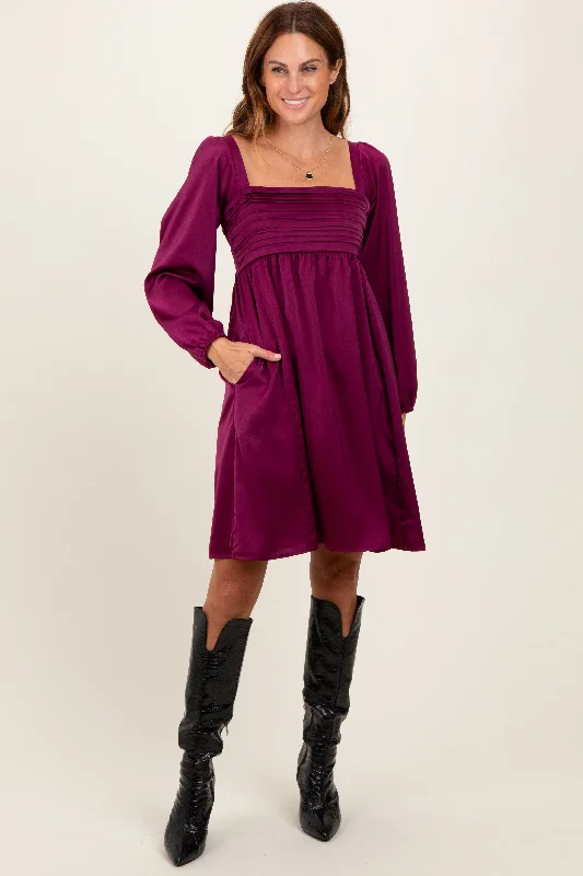 Mini Dresses for Yacht Events -Plum Satin Pleated Detail Bodice Dress