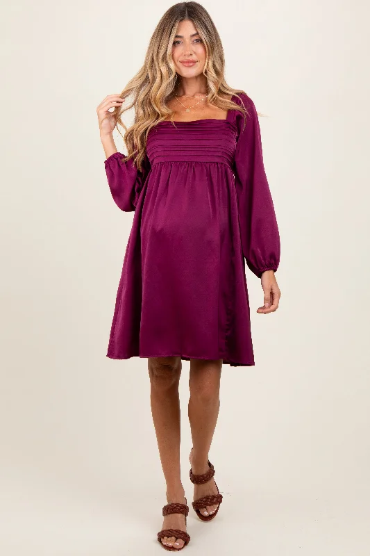 Mini Dresses with Swing Edges -Plum Satin Pleated Detail Bodice Maternity Dress