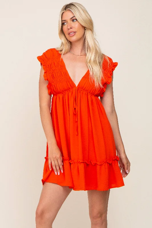 Mini Dresses for Spring Fun -Red Orange Smocked Ruffle Accent Dress