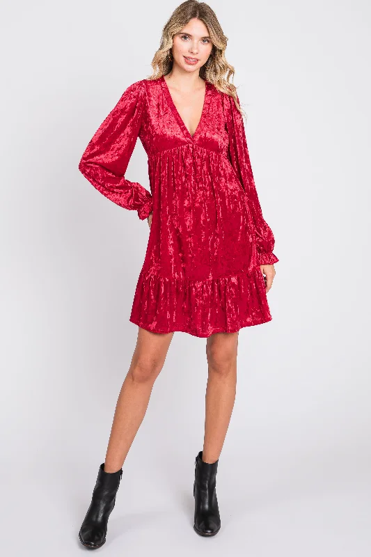 Mini Dresses with Sweetheart Top -Red Velvet Long Sleeve Dress