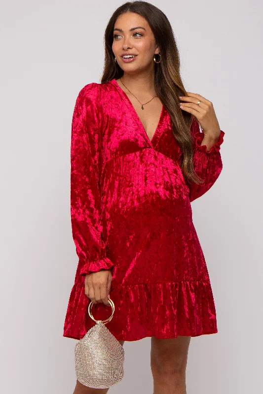 Mini Dresses with Floral Lace -Red Velvet Long Sleeve Maternity Dress