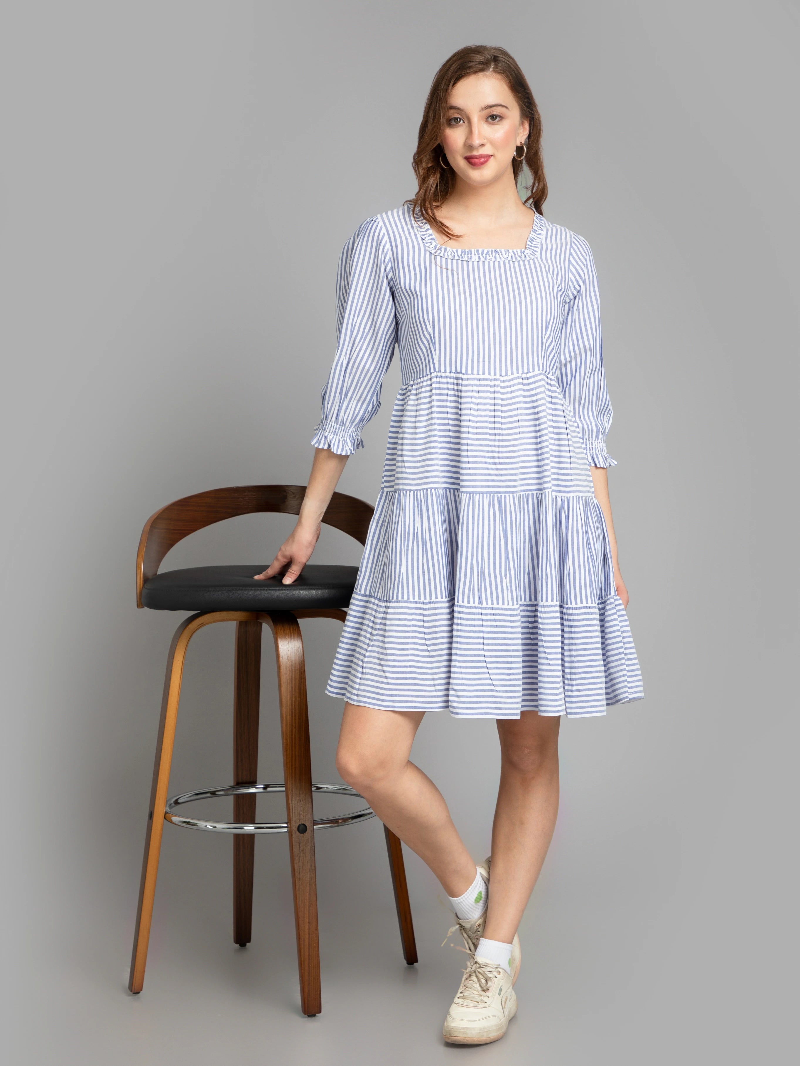 Mini Dresses in Flowy Material -SUTI WOMEN COTTON YARN DYED STRIPE TIERED SHORT DRESS