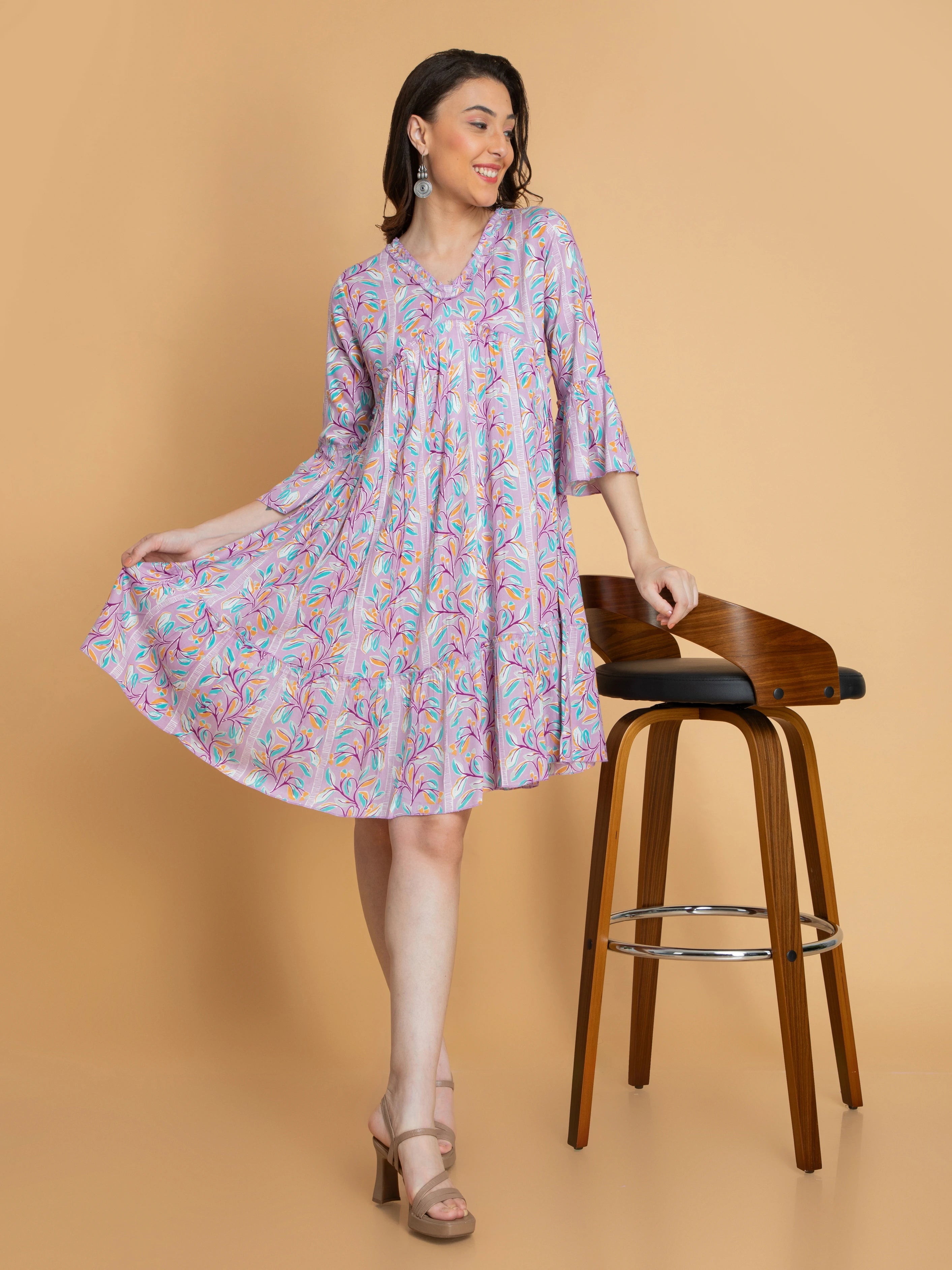 Mini Dresses in Pure Cotton -Flowy Rayon Printed Tiered Dress