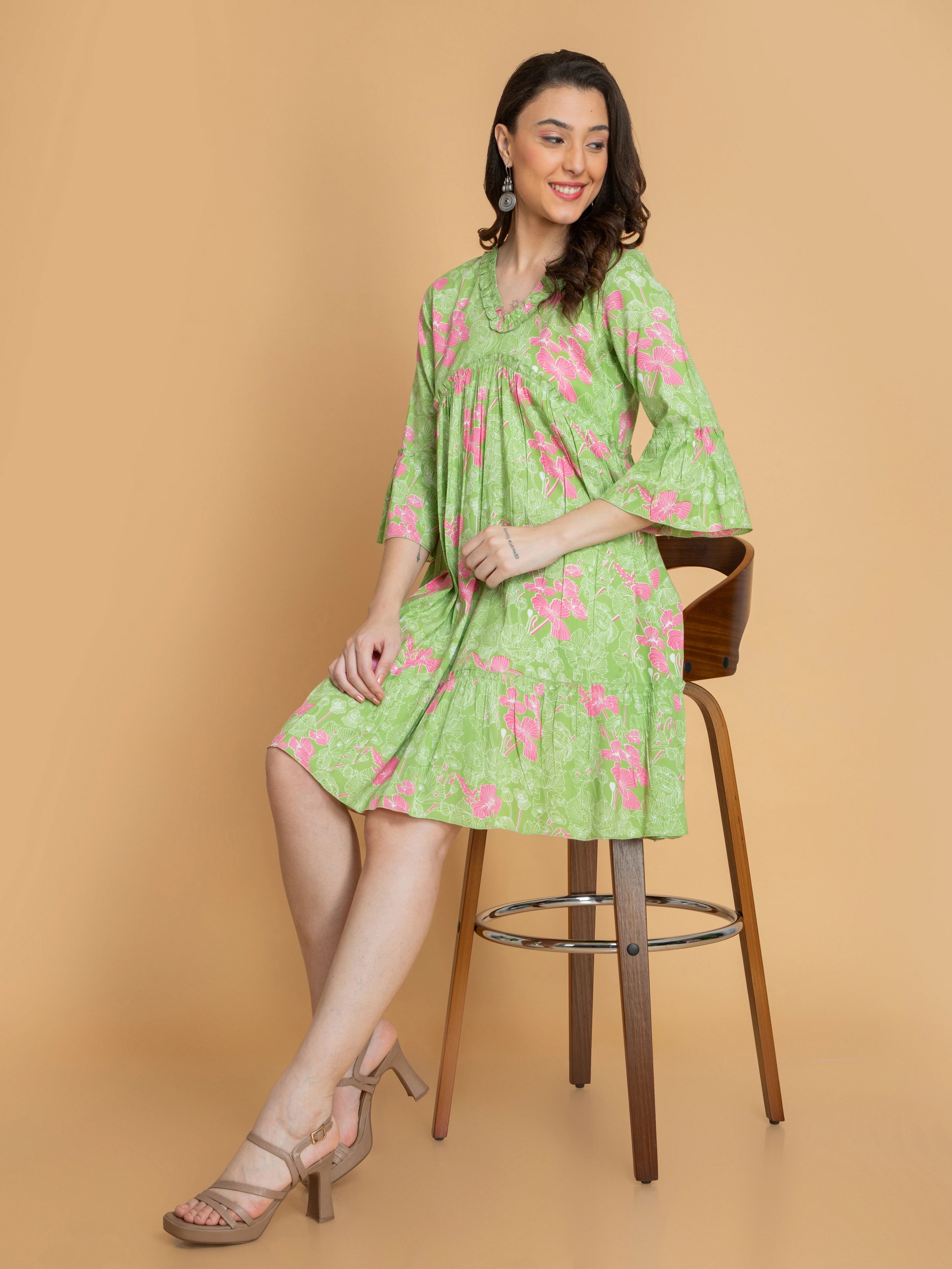 Mini Dresses in Light Cotton -SUTI WOMEN RAYON PRINTED TIERED DRESS