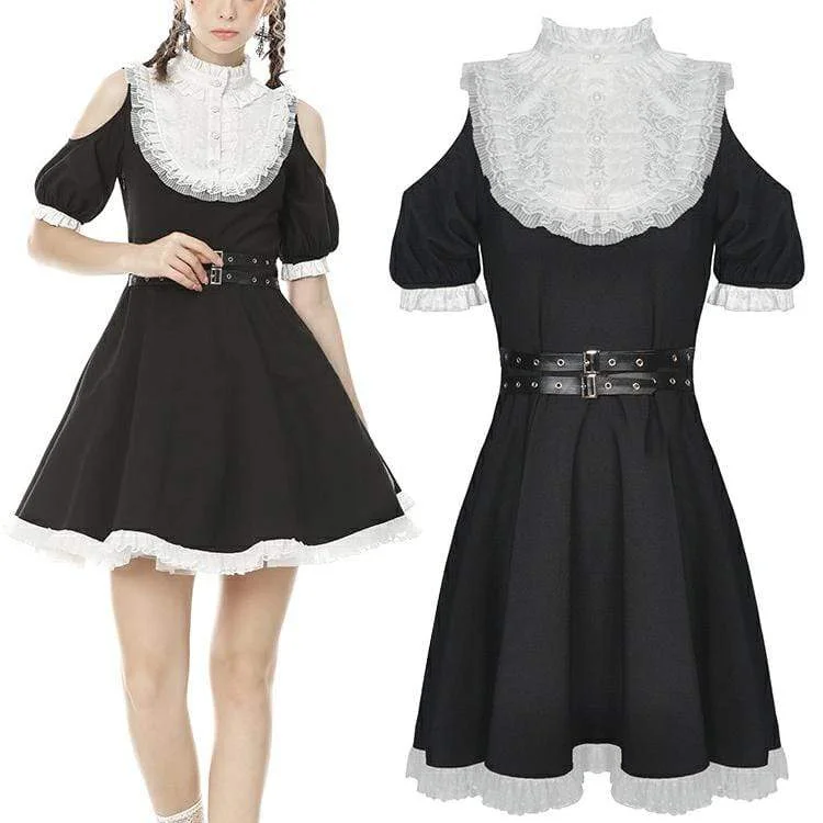 Mini Dresses with High Edges -Women's Dark Cutout Shoulder Shirt Collar Black Dress Maid Dresses with Belt