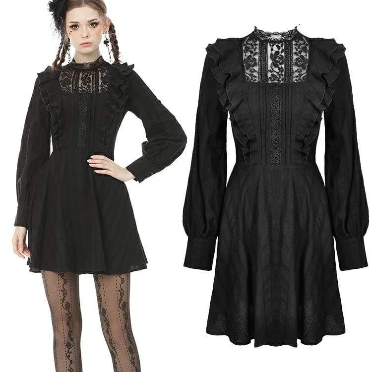 Polka Dot Mini Dresses for Playful Style -Women's Goth Lace Collar Long Sleeved Ruffles Black Little Dresses