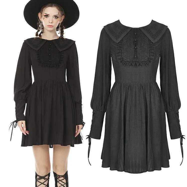 Mini Dresses with Flower Prints -Women's Goth Turn-down Collar Long Sleeved Ruffles Black Little Dresses